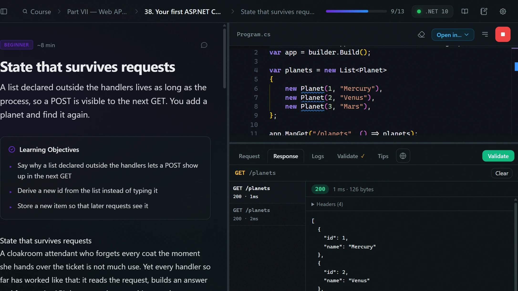An ASP.NET Core lesson: Program.cs in the editor and the running API's response in the HTTP client next to it.