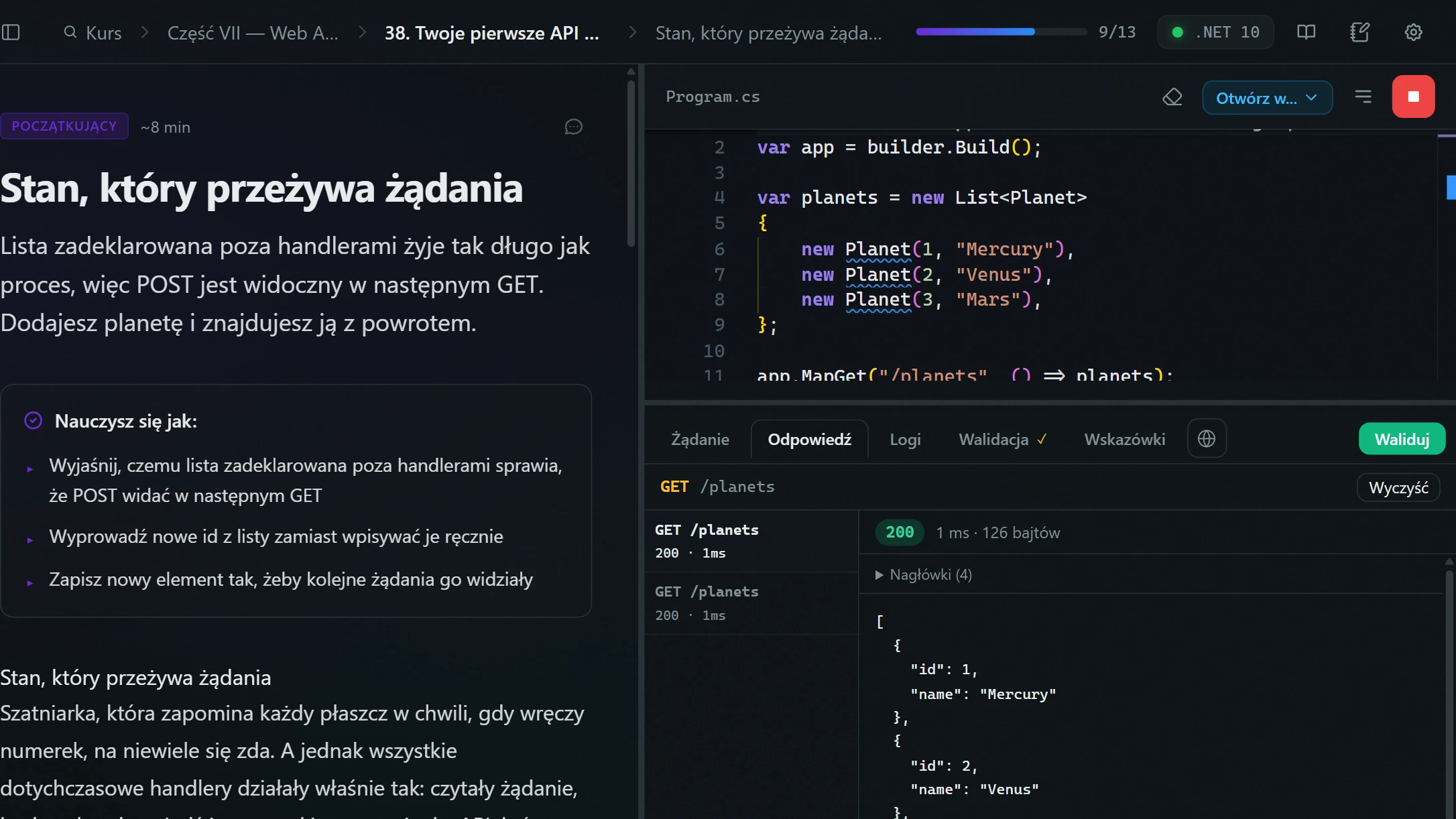 Lekcja ASP.NET Core: Program.cs w edytorze i odpowiedź działającego API w kliencie HTTP obok.